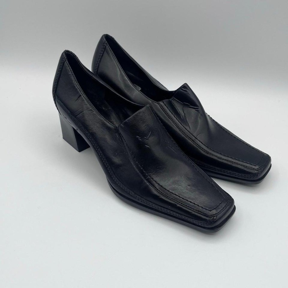 Franco‎ Sarto Black Leather Square Toe Block Heel Loafers Women's Size 4.5 M